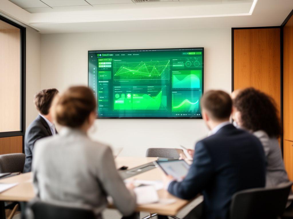 Business analysts reviewing a live dashboard wall in a modern UK meeting room with bright screens and clear charts