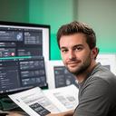 Portrait of Daniel Hughes working beside dashboard mock-ups in a studio workspace